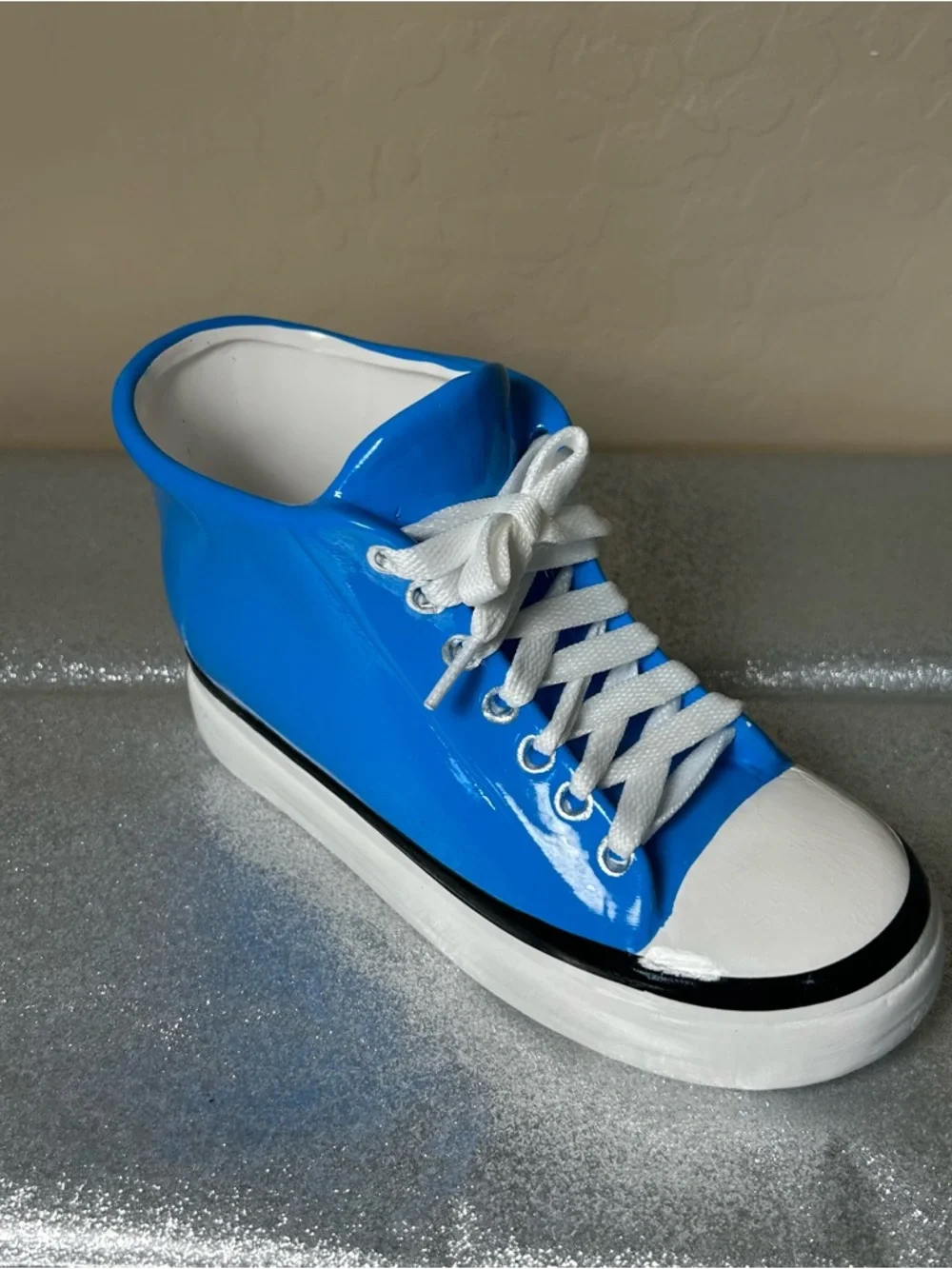 Decor! Ceramic Blue High-Top Sneaker w/ White Laces decoration vase fun room EUC - Picture 3 of 8